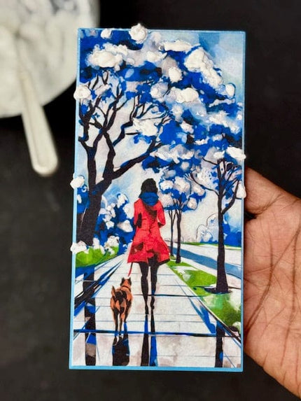 woman walking dog in a winter blue vibes